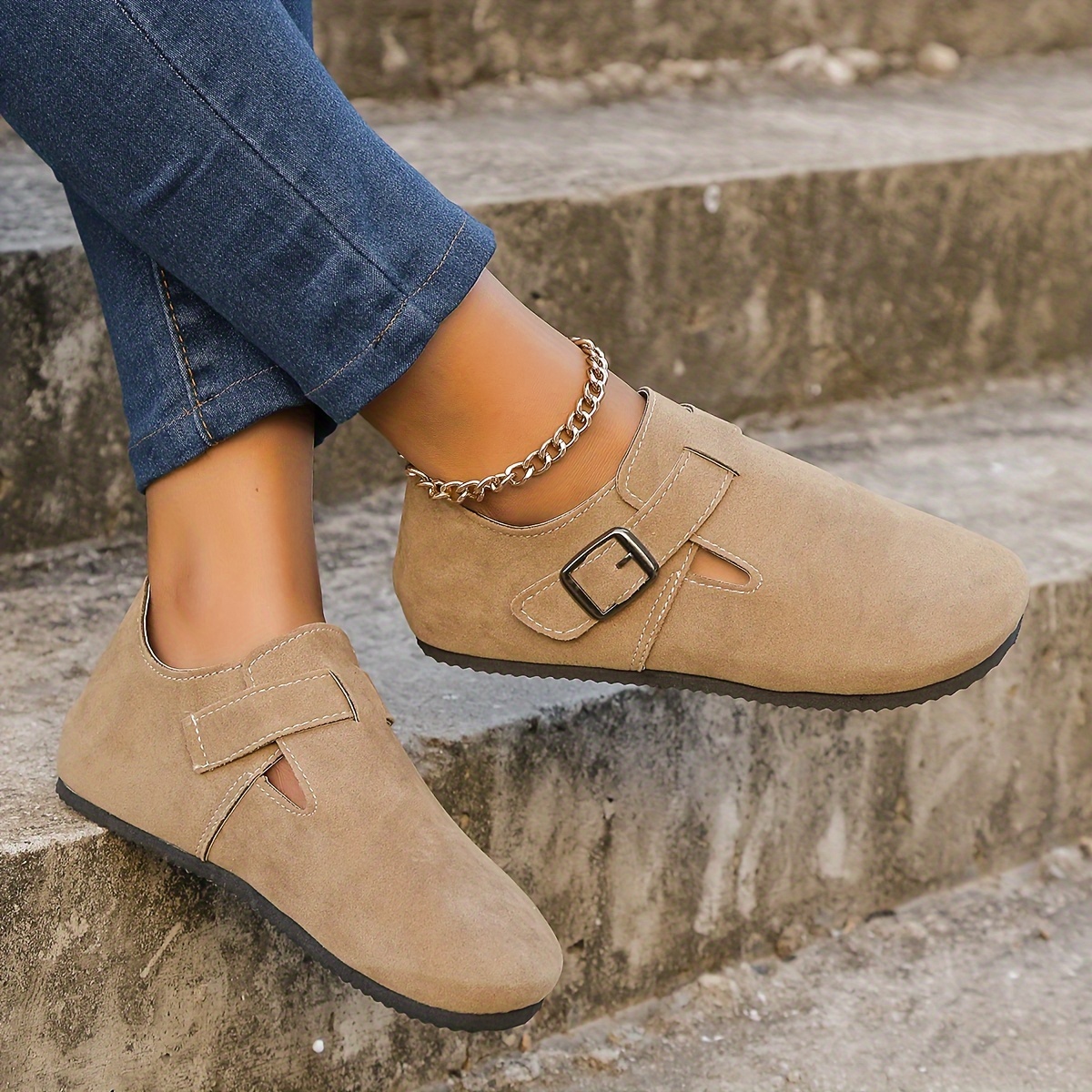 Women’s Solid Color Mulses, Slip On Buckle Belt Flat Non-slip Shoes, Minimalist Round Toe Shoes