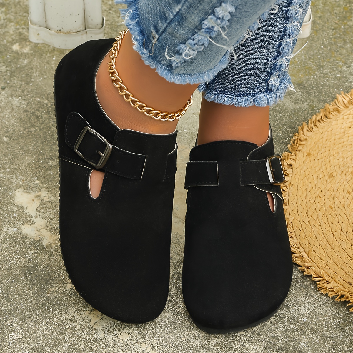 womens solid color flat mules round toe low top wear resistant non slip ankle buckle shoes casual outdoor shoes details 4