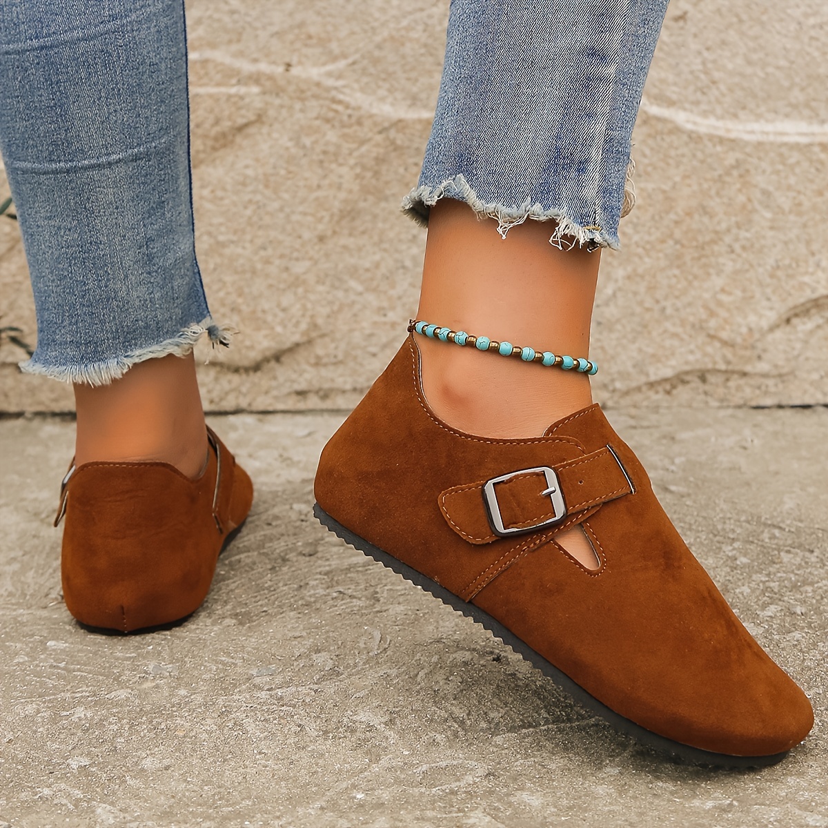 womens solid color flat mules round toe low top wear resistant non slip ankle buckle shoes casual outdoor shoes details 7
